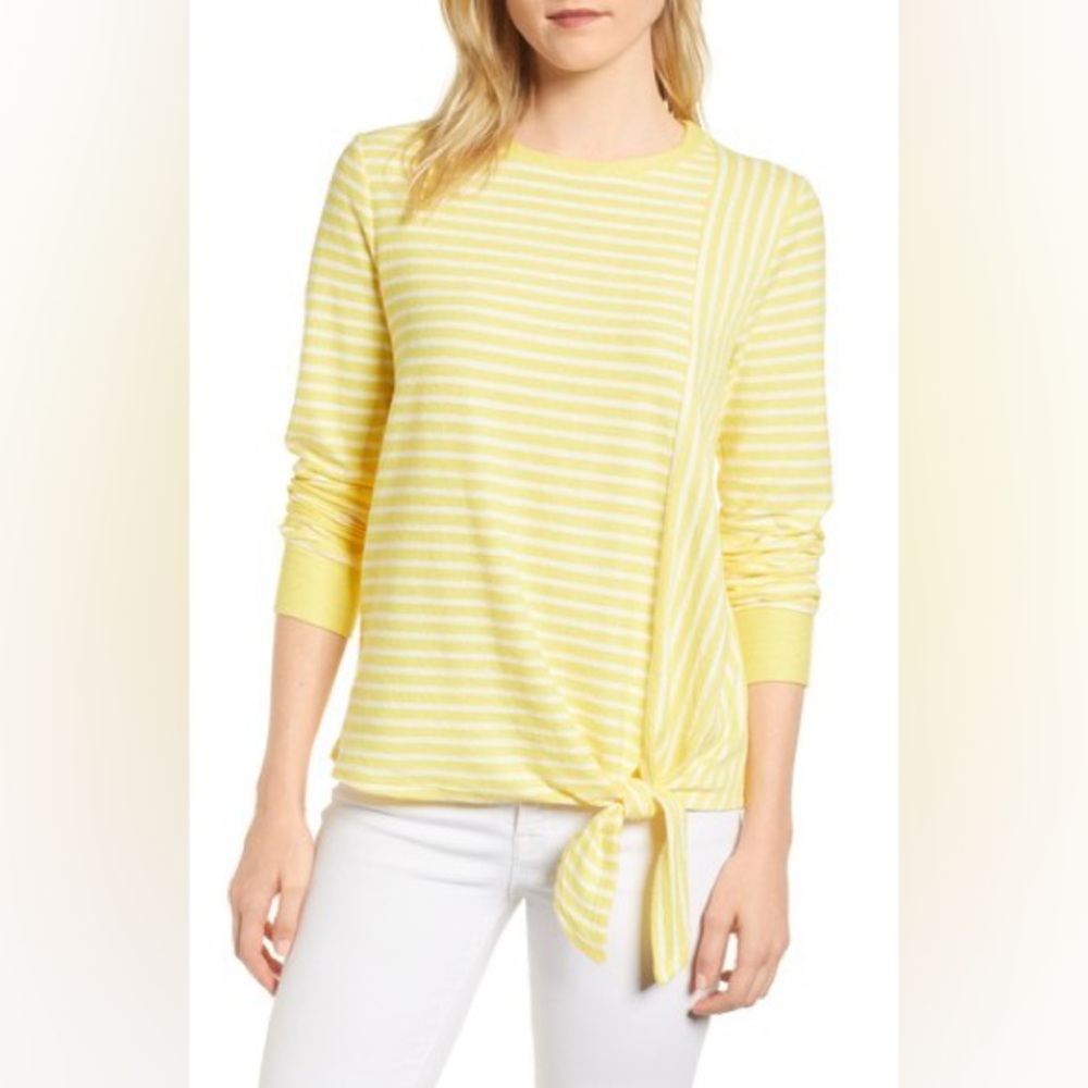 NWT Gibson Tie Front Stripe Top Size Medium Petite - Yellow